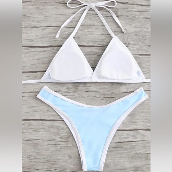 ROMWE Women’s Contrast Piping Halter Top High Leg Tie Bikini - blue, size L - Picture 2 of 9